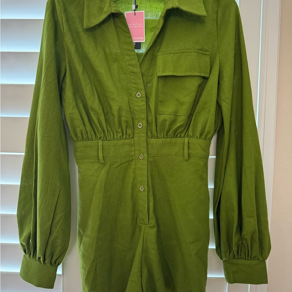 NWT PrettyLittleThing OIive Linen Shirt Playsuit Romper Long Sleeve Women's Sz 4